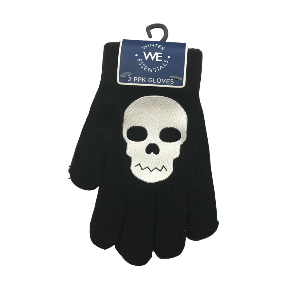 2 Pair Pack Winter Essentials Boys One Size Black Skull Gray Plain Gloves New